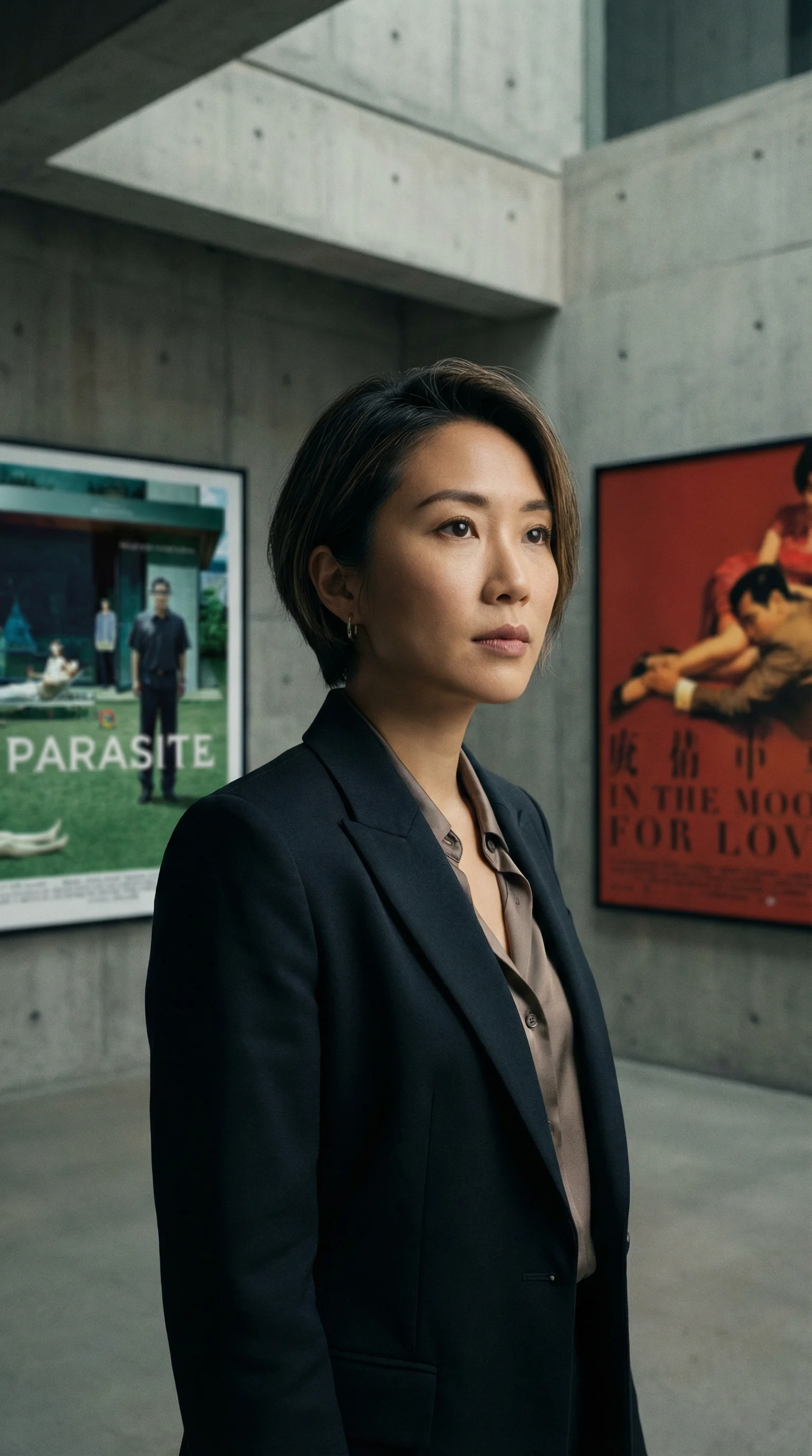 知名艺术评论家刘芳教授在现代画廊空间中的专业肖像照