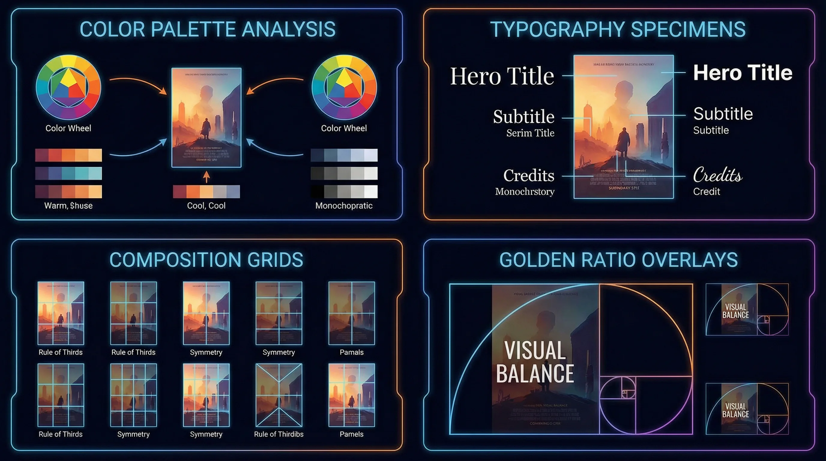 电影海报色彩分析教程展示色彩轮字体样本构图网格和黄金比例