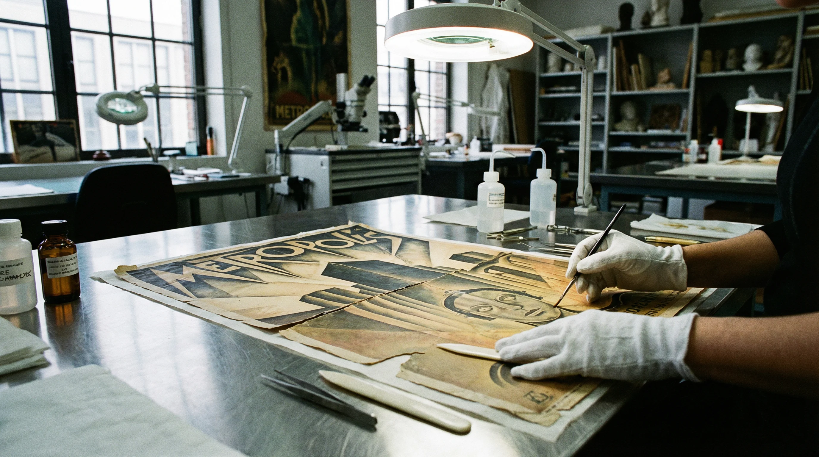 珍贵经典电影海报修复过程展示专业修复师使用精密工具